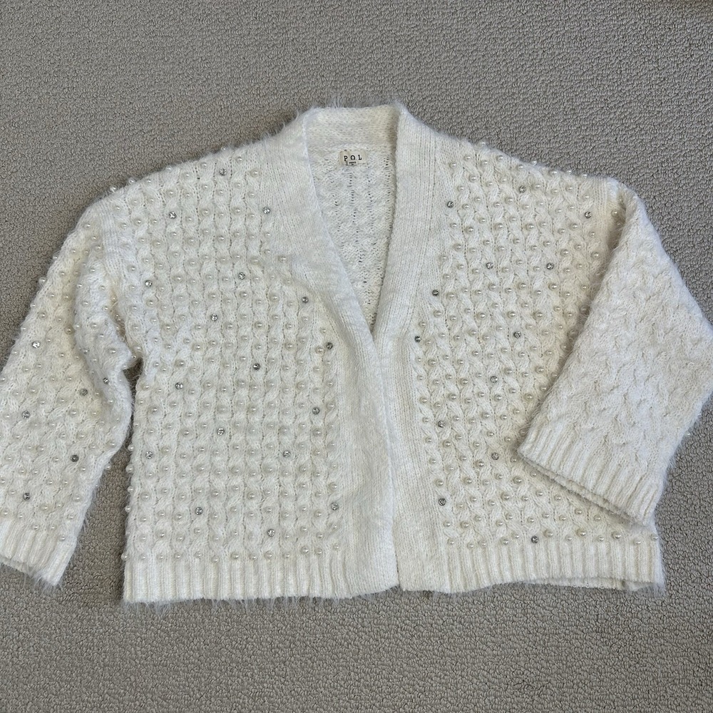Pol Cardigan Sweater Embellished Pearls Rhinestones Oversize Small - Picture 5 of 11